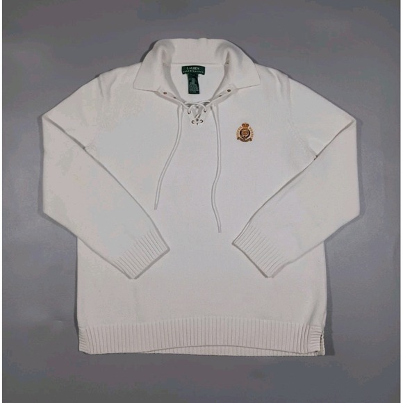 Lauren Ralph Lauren Sweater Womens L Cream Crest Tie Up Neck - Picture 1 of 4